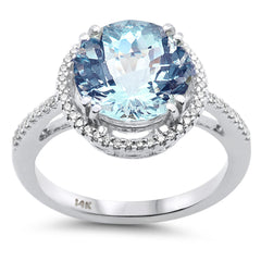 SPECIAL!3.45ct G SI 14K White Gold Diamond & Round Shape Aquamarine Gemstone Halo Ring Size 6.5