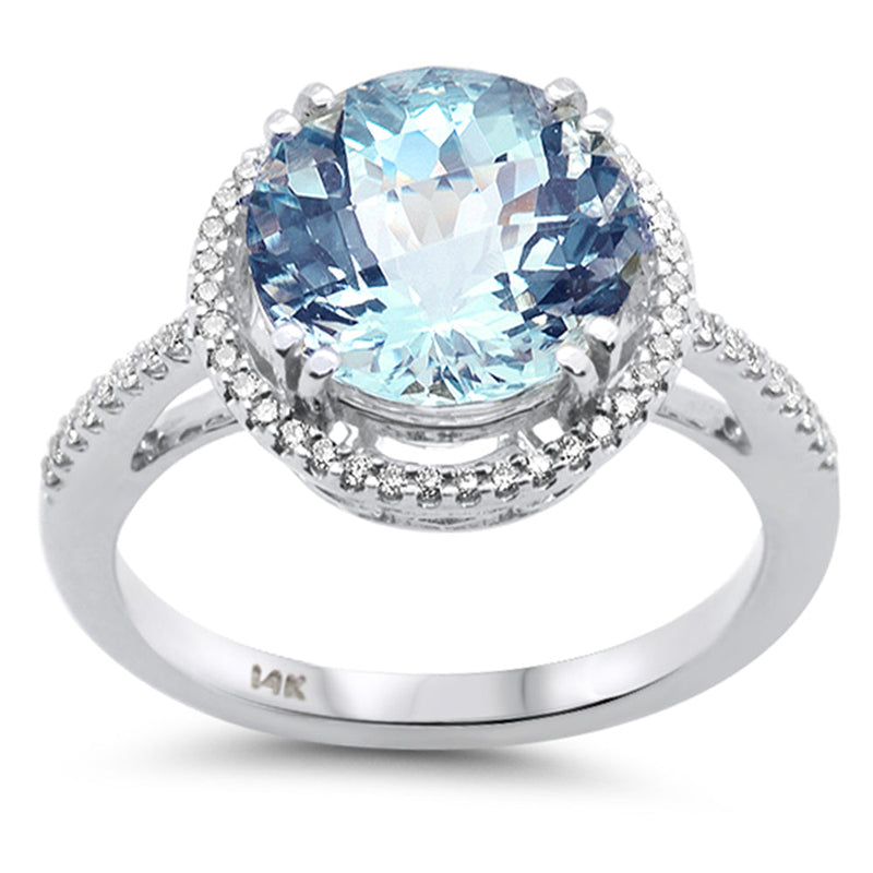 SPECIAL!3.45ct G SI 14K White Gold Diamond & Round Shape Aquamarine Gemstone Halo Ring Size 6.5