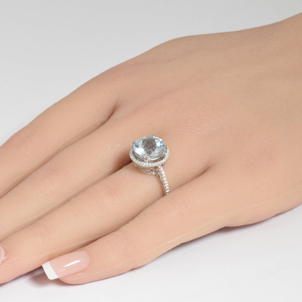 SPECIAL!3.45ct G SI 14K White Gold Diamond & Round Shape Aquamarine Gemstone Halo Ring Size 6.5