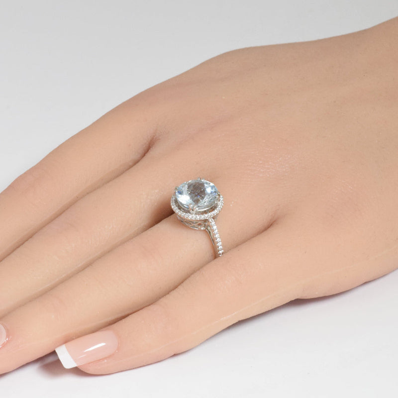 SPECIAL!3.45ct G SI 14K White Gold Diamond & Round Shape Aquamarine Gemstone Halo Ring Size 6.5
