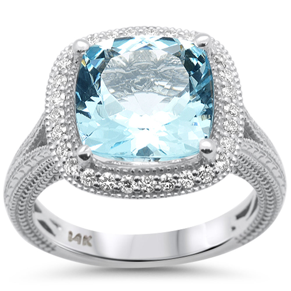 SPECIAL!4.25ct G SI 14K White Gold Diamond & Cushion Shape Aquamarine Gemstone Ring Size 6.5