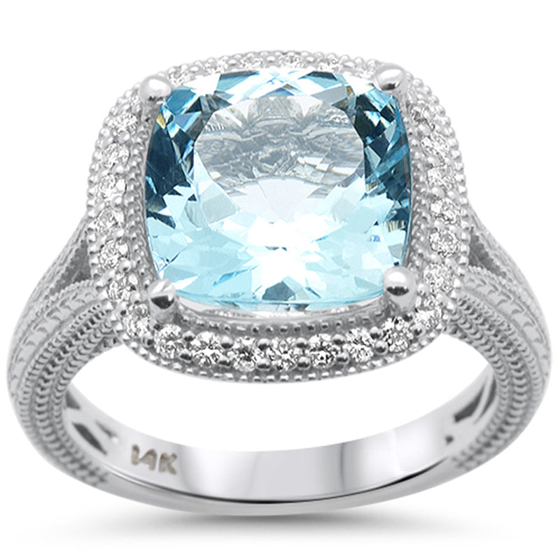 SPECIAL!4.25ct G SI 14K White Gold Diamond & Cushion Shape Aquamarine Gemstone Ring Size 6.5