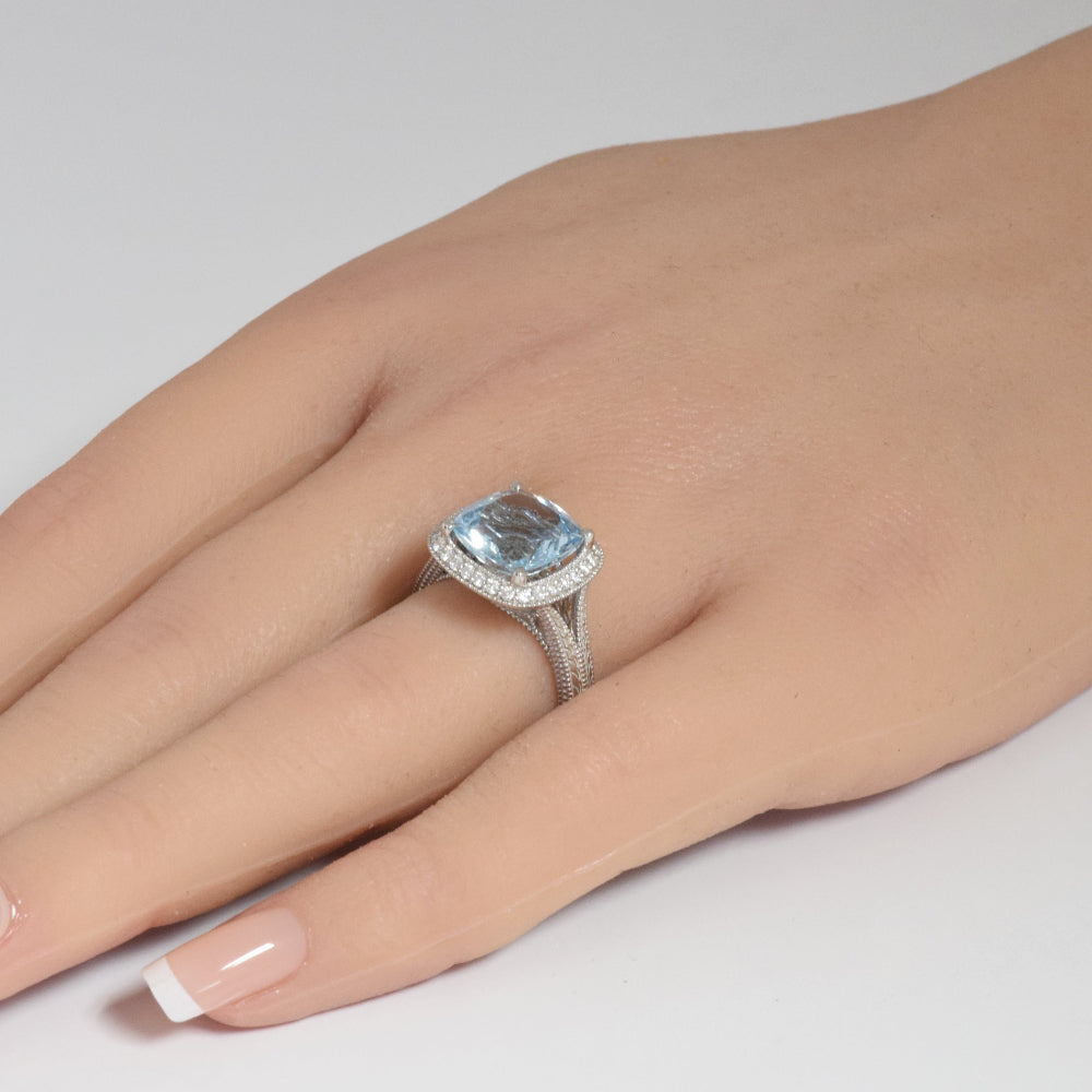 SPECIAL!4.25ct G SI 14K White Gold Diamond & Cushion Shape Aquamarine Gemstone Ring Size 6.5