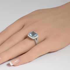 SPECIAL!4.25ct G SI 14K White Gold Diamond & Cushion Shape Aquamarine Gemstone Ring Size 6.5