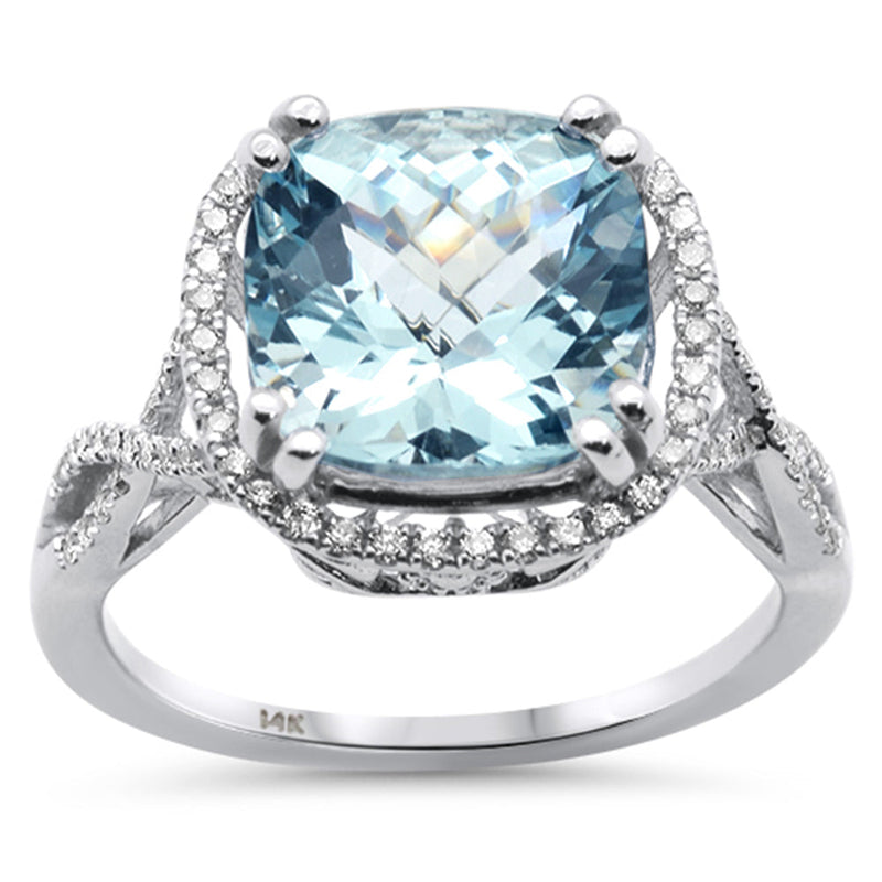 SPECIAL!4.30ct G SI 14K White Gold Diamond & Cushion Shape Aquamarine Gemstone Ring Size 6.5