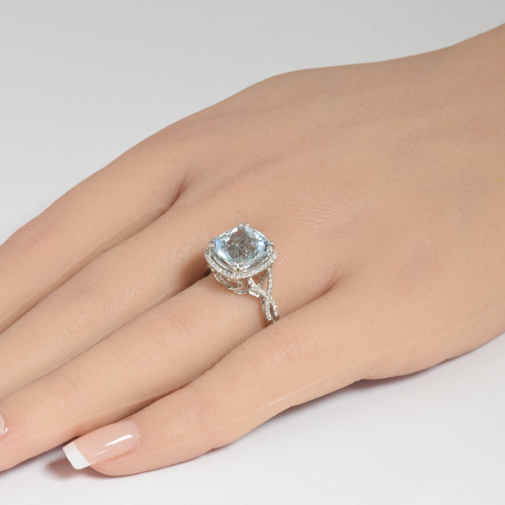 SPECIAL!4.30ct G SI 14K White Gold Diamond & Cushion Shape Aquamarine Gemstone Ring Size 6.5