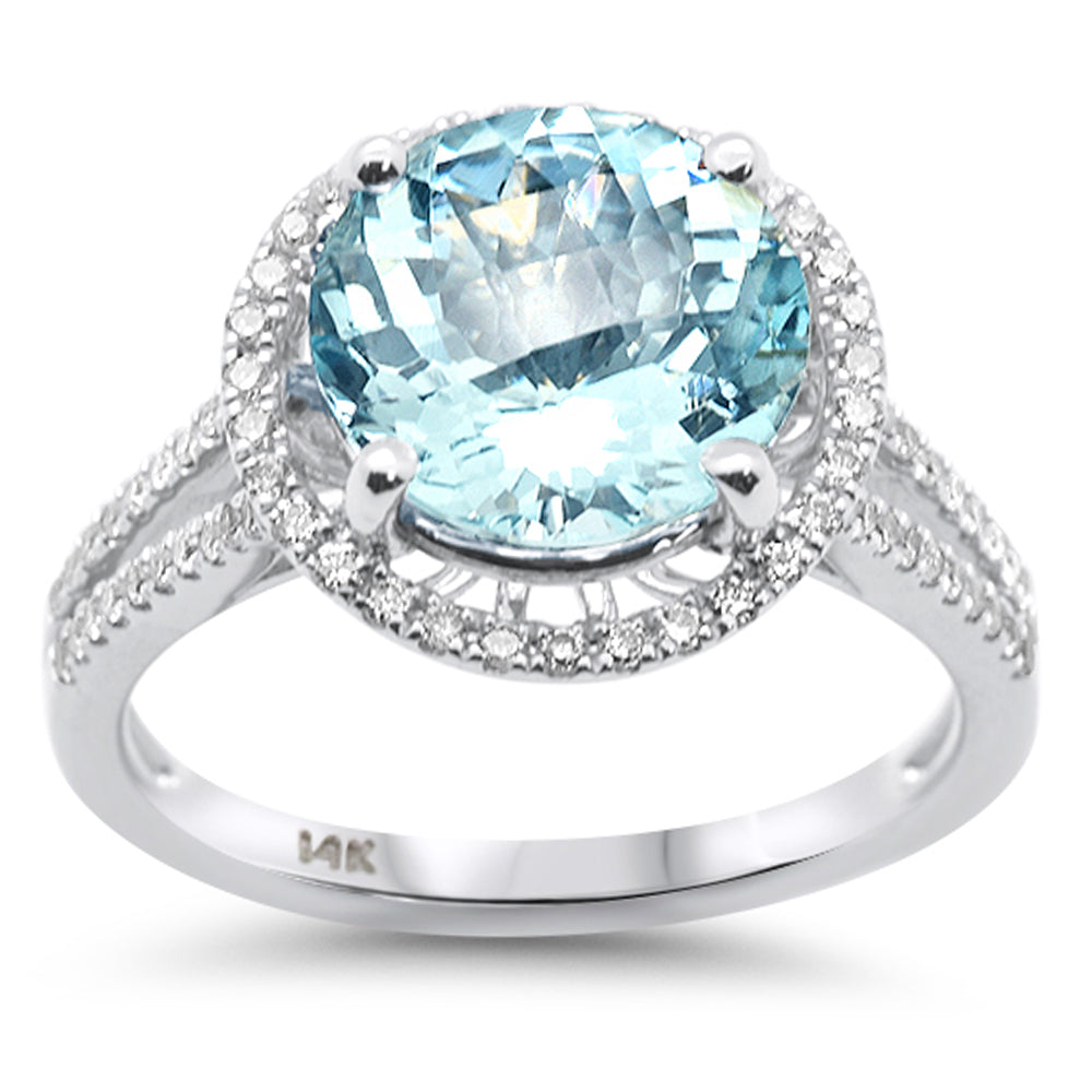SPECIAL!3.15ct G SI 14K White Gold Diamond & Round Shape Aquamarine Gemstone Halo Ring Size 6.5