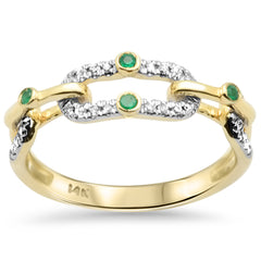 SPECIAL!.22ct G SI 14K Yellow Gold Diamond & Emerald Gemstone Link Style Band Ring Size 6.5
