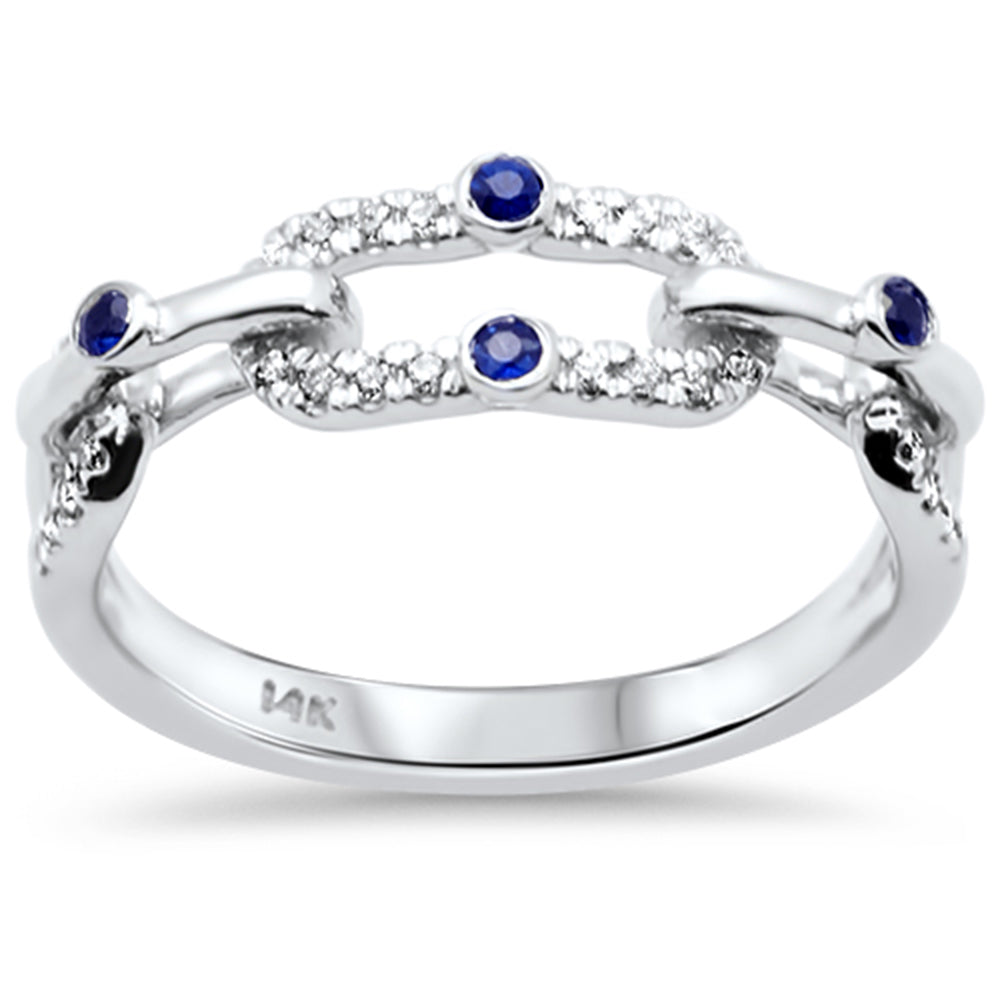 SPECIAL!.21ct G SI 14K White Gold Link Chain Design Diamond & Blue Sapphire Gemstone Band Ring Size 6.5