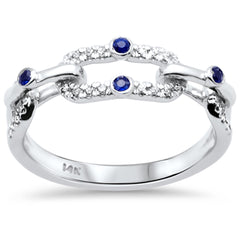 SPECIAL!.21ct G SI 14K White Gold Link Chain Design Diamond & Blue Sapphire Gemstone Band Ring Size 6.5