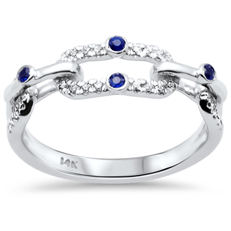 SPECIAL!.21ct G SI 14K White Gold Link Chain Design Diamond & Blue Sapphire Gemstone Band Ring Size 6.5