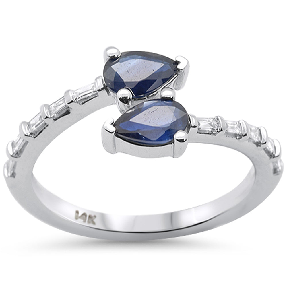SPECIAL!1.03ct G SI 14K White Gold Diamond & Pear Shape Blue Sapphire Gemstone Ring Size 6.5