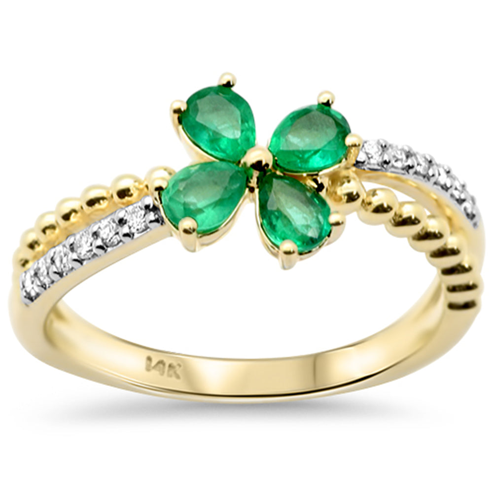 SPECIAL!.64ct G SI 14K Yellow Gold Diamond & Pear Shape Emerald Gemstone Flower Ring Size 6.5