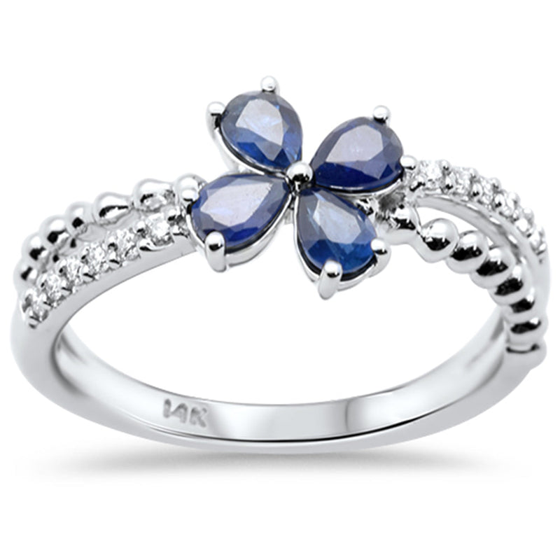 SPECIAL!.92ct G SI 14K White Gold Diamond & Pear Shape Blue Sapphire Gemstone Flower Ring Size 6.5