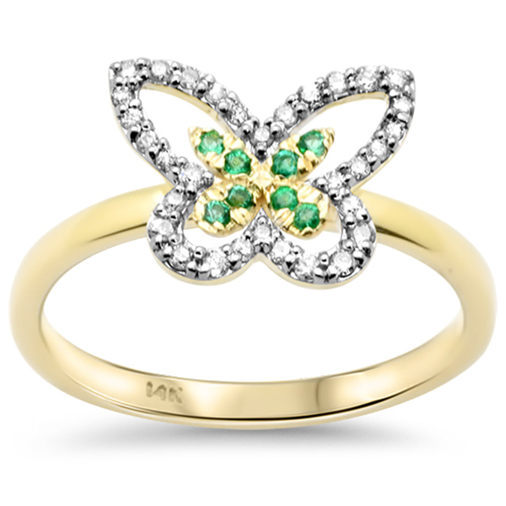 SPECIAL!.19ct G SI 14K Yellow Gold Diamond & Emerald Gemstone Butterfly Ring Size 6.5
