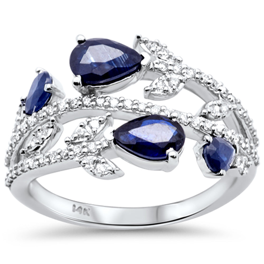 SPECIAL!1.56ct G SI 14K White Gold Diamond & Pear Shape Blue Sapphire Gemstone Ring Size 6.5