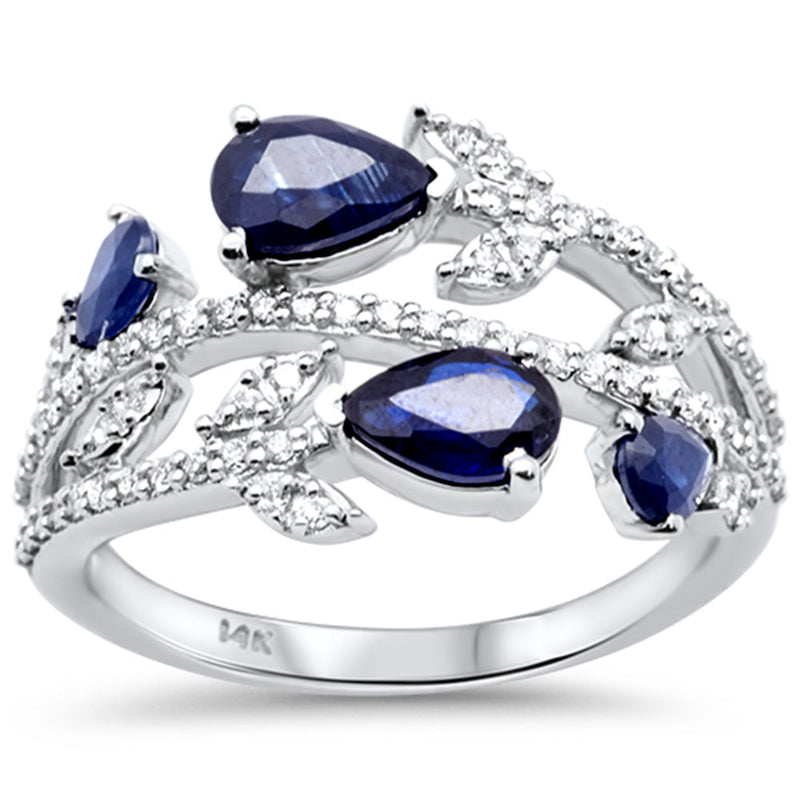SPECIAL!1.56ct G SI 14K White Gold Diamond & Pear Shape Blue Sapphire Gemstone Ring Size 6.5