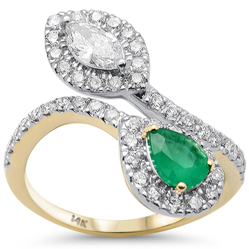 SPECIAL!1.28ct G SI 14K Yellow Gold Pear Shape Diamond & Emerald Gemstone Wrap Around Ring Size 6.5