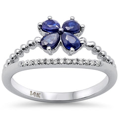 SPECIAL!.83ct G SI 14K White Gold Diamond & Pear Shape Blue Sapphire Gemstone Flower Ring Size 6.5