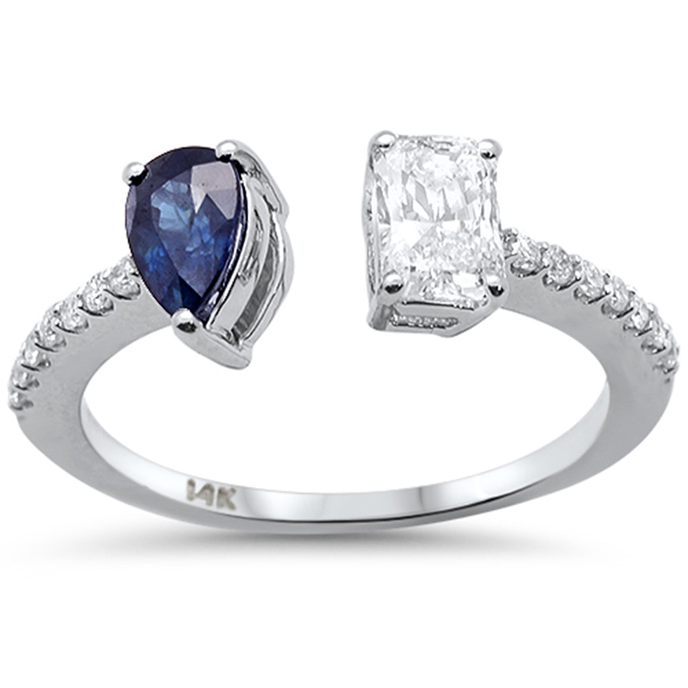 SPECIAL!1.14ct G SI 14K White Gold Radiant Shape Diamond & Pear Cut Blue Sapphire Gemstone Open Ring Size 6.5