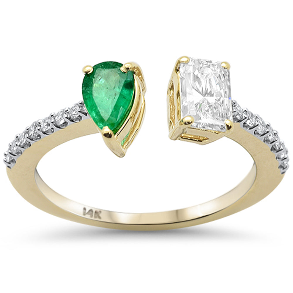 SPECIAL!.82ct G SI 14K Yellow Gold Radiant Shape Diamond & Pear Cut Emerald Gemstone Open Ring Size 6.5