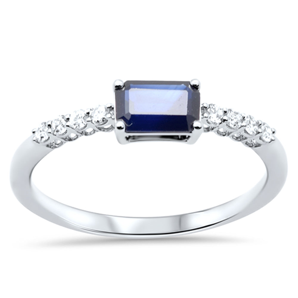 SPECIAL!.73ct G SI 14K White Gold Diamond & Emerald Cut Blue Sapphire Gemstone Ring Size 6.5
