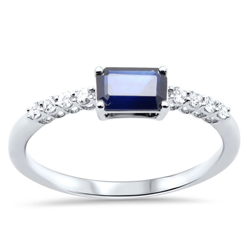 SPECIAL!.73ct G SI 14K White Gold Diamond & Emerald Cut Blue Sapphire Gemstone Ring Size 6.5