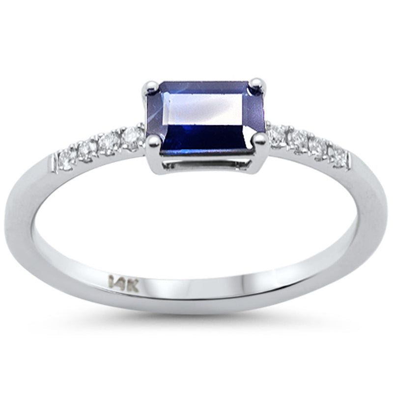 SPECIAL! .78ct G SI 14K White Gold Diamond & Emerald Cut Blue Sapphire Gemstone Ring Size 6.5
