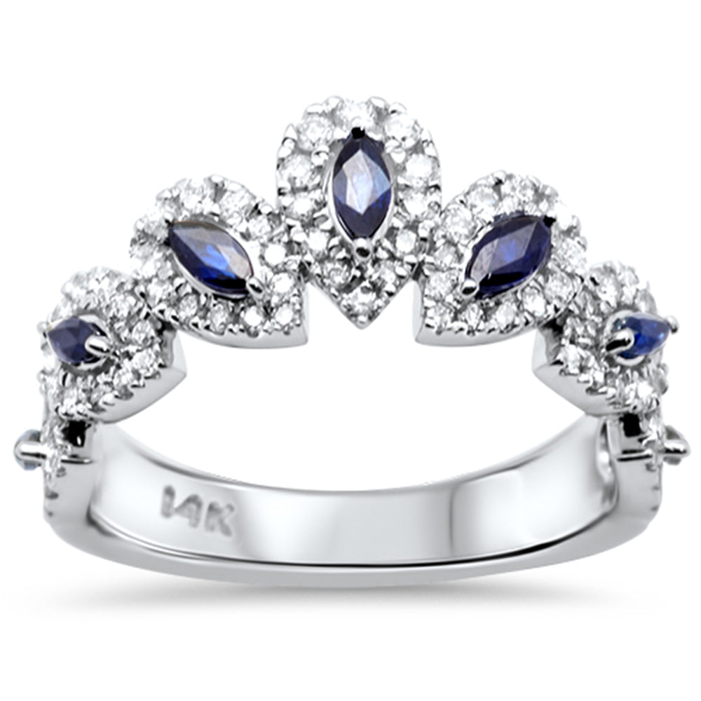 SPECIAL!1.05ct G SI 14K White Gold Diamond & Marquise Shape Blue Sapphire Gemstone Band Ring Size 6.5