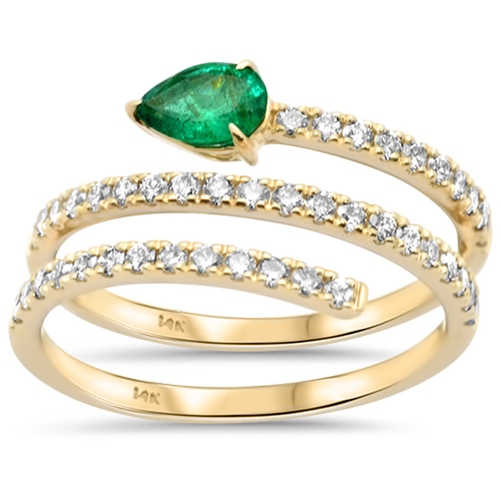 SPECIAL!.88ct G SI 14K Yellow Gold Diamond & Pear Shape Emerald Gemstone Wrap Around Ring Size 6.5