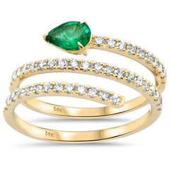 SPECIAL!.88ct G SI 14K Yellow Gold Diamond & Pear Shape Emerald Gemstone Wrap Around Ring Size 6.5