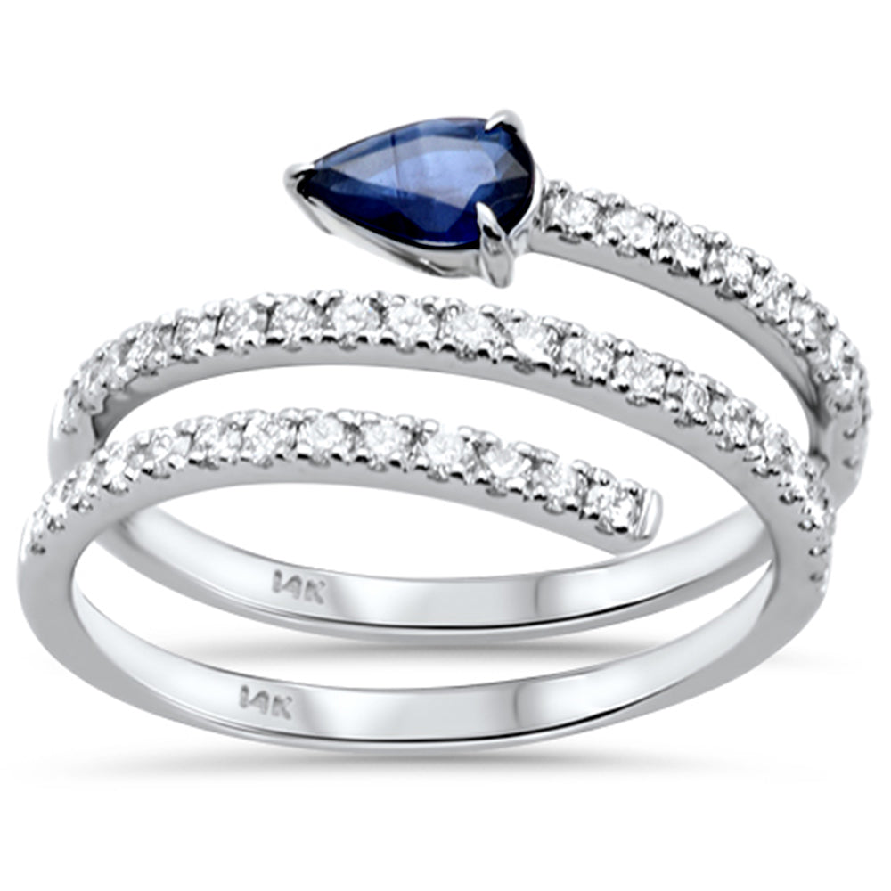 SPECIAL! 1.15ct G SI 14K White Gold Diamond & Pear Shape Blue Sapphire Gemstone Wrap Around Ring Size 6.5