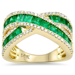 SPECIAL!2.43ct G SI 14K Yellow Gold Diamond & Emerald Gemstone Criss Cross Ring Size 6.5