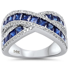 SPECIAL!3.39ct G SI 14K White Gold Diamond & Blue Sapphire Gemstone Criss Cross Ring Size 6.5