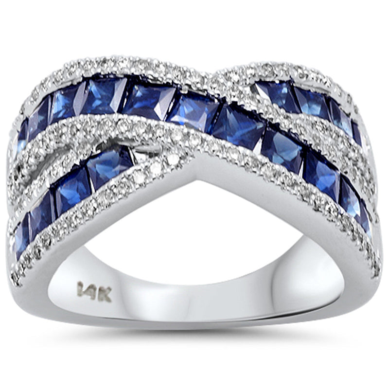 SPECIAL!3.39ct G SI 14K White Gold Diamond & Blue Sapphire Gemstone Criss Cross Ring Size 6.5