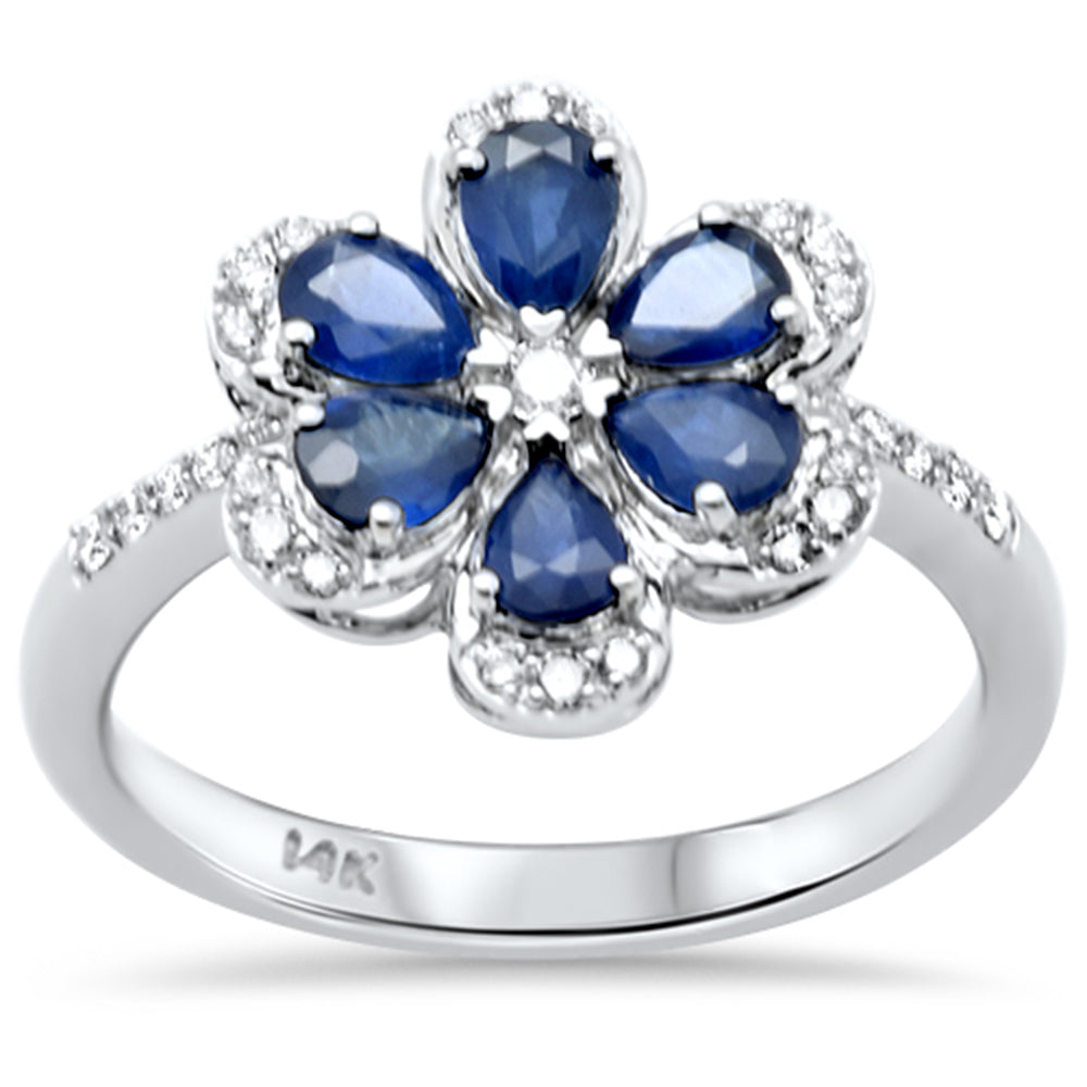 SPECIAL!1.55ct G SI 14K White Gold Diamond & Blue Sapphire Gemstone Flower Ring Size 6.5