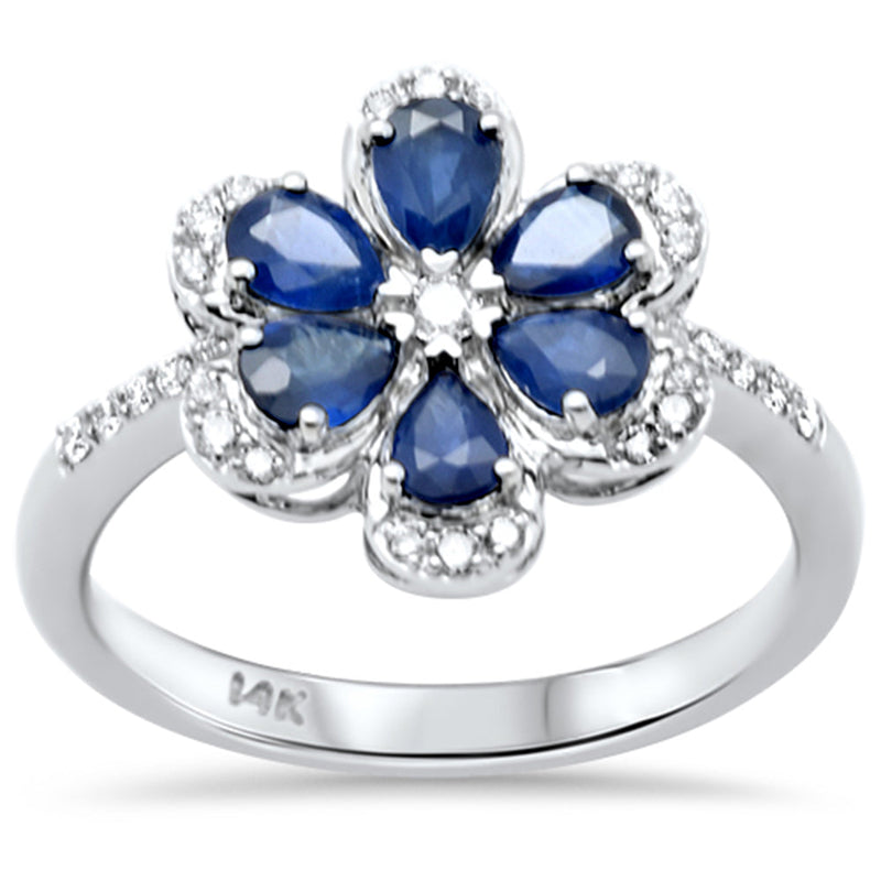 SPECIAL!1.55ct G SI 14K White Gold Diamond & Blue Sapphire Gemstone Flower Ring Size 6.5