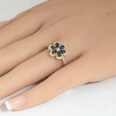 SPECIAL!1.37ct G SI 14K Yellow Gold Diamond & Blue Sapphire Gemstone Flower Ring Size 6.5