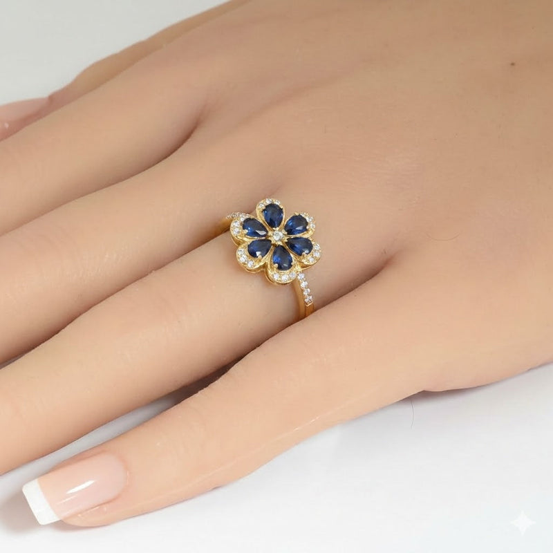 SPECIAL!1.37ct G SI 14K Yellow Gold Diamond & Blue Sapphire Gemstone Flower Ring Size 6.5