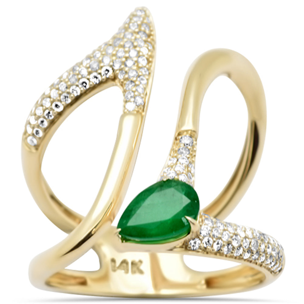 SPECIAL!0.97ct G SI 14K Yellow Gold Diamond & Pear Shape Emerald Gemstone Modern Ring Size 6.5