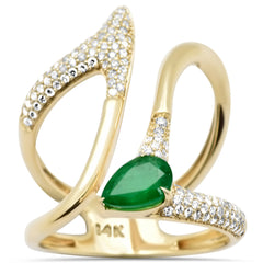 SPECIAL!0.97ct G SI 14K Yellow Gold Diamond & Pear Shape Emerald Gemstone Modern Ring Size 6.5