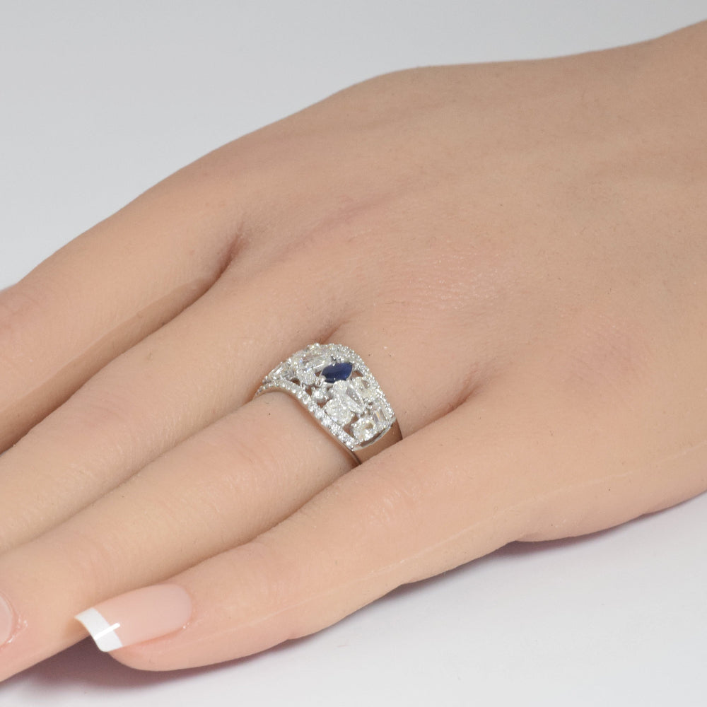 SPECIAL!1.93ct G SI 14K White Gold Multi Shape Diamond & Blue Sapphire Gemstone Ring Band Size 6.5