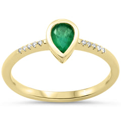 SPECIAL!.49ct G SI 14KT Yellow Gold Diamond & Pear Shape Emerald Gemstone Ring Size 6.5