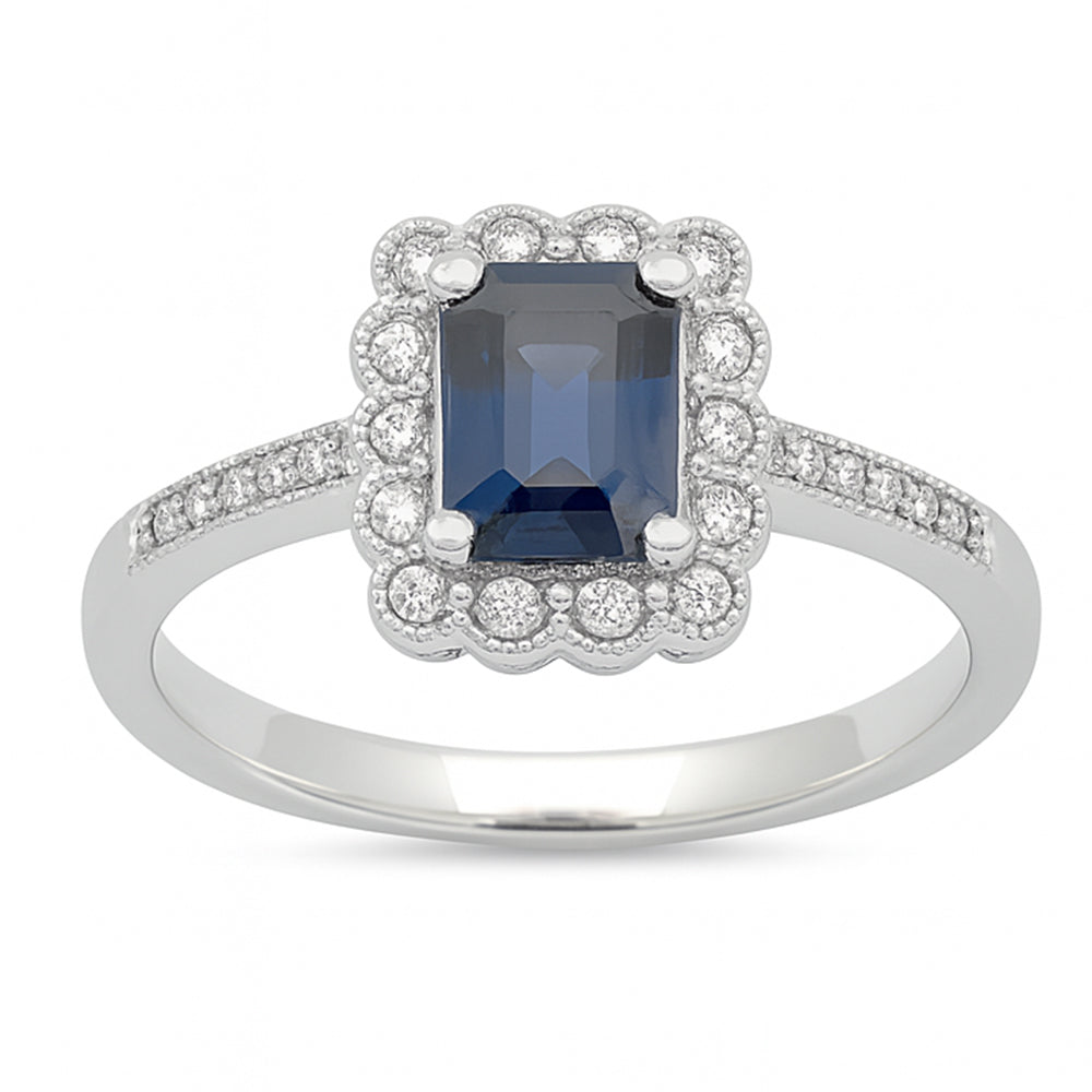 SPECIAL!1.30ct G SI 14K White Gold Blue Sapphire & Diamond Flower Gemstone ring Size 6.5