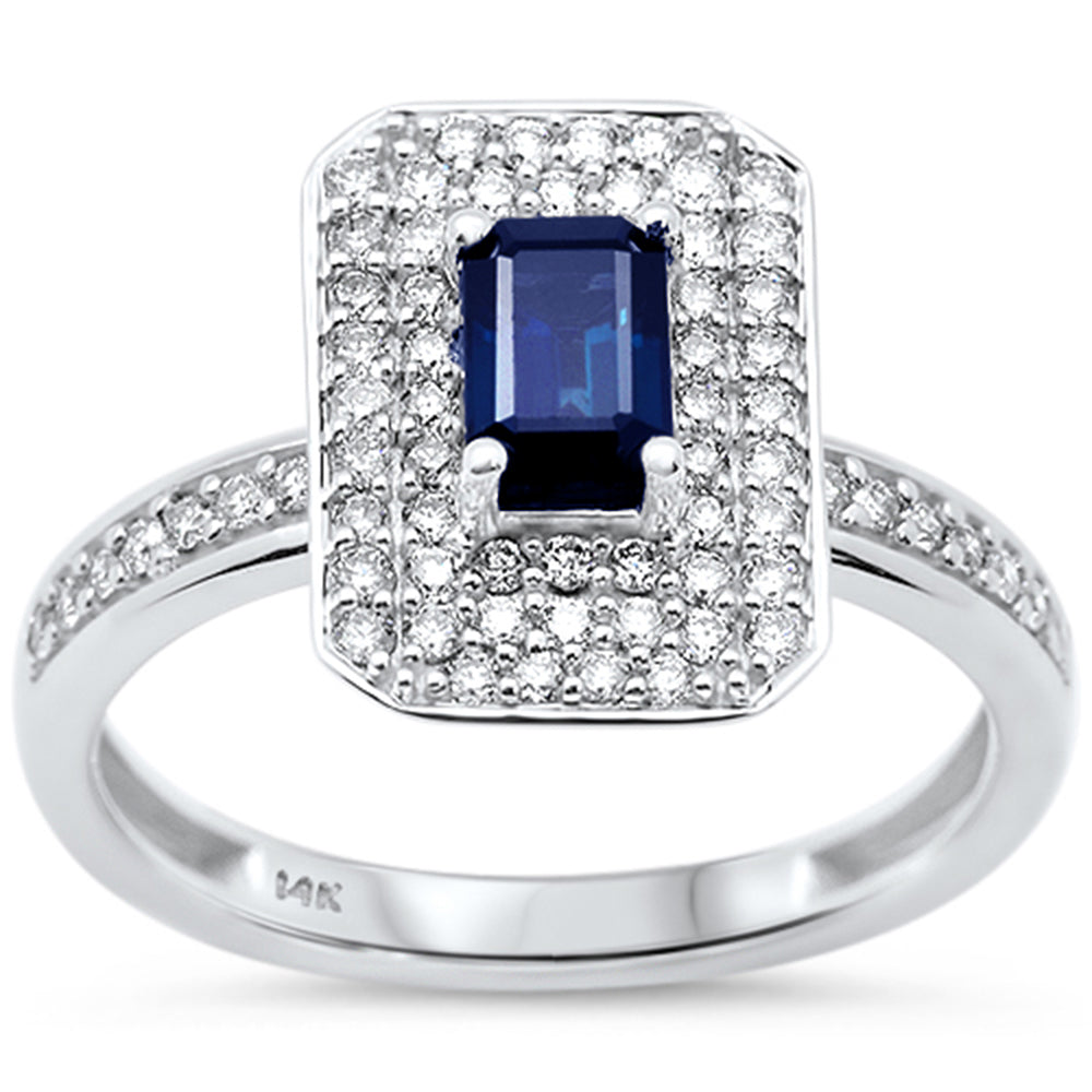 SPECIAL!1.32ct G SI 14K White Gold Emerald Cut Blue Sapphire & Diamond Gemstone ring Size 6.5