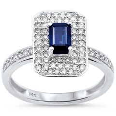 SPECIAL!1.32ct G SI 14K White Gold Emerald Cut Blue Sapphire & Diamond Gemstone ring Size 6.5