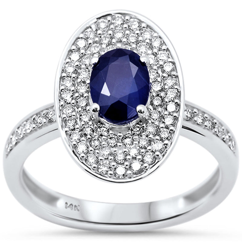 SPECIAL!1.11ct G SI 14K White Gold Diamond & Oval Shape Blue Sapphire Gemstone Ring Size 6.5