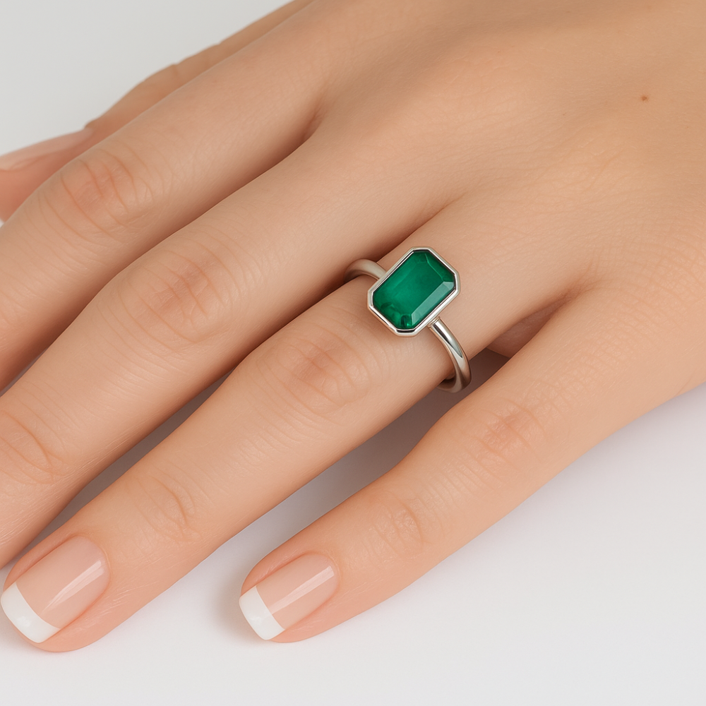 SPECIAL!1.05ct G SI 14K White Gold Bezel Set Emerald Gemstone Ring Size 6.5