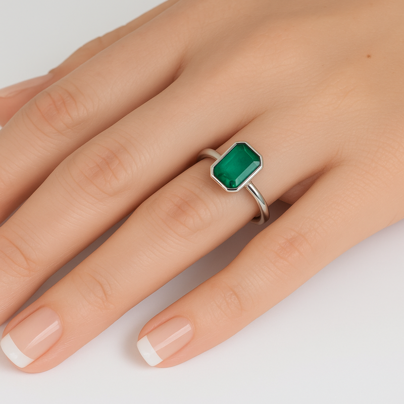 SPECIAL!1.05ct G SI 14K White Gold Bezel Set Emerald Gemstone Ring Size 6.5