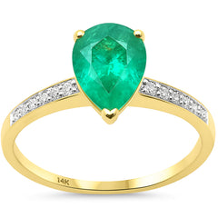 SPECIAL!1.70ct G SI 14K Yellow Gold Diamond & Pear Shape Emerald Gemstone Ring Size 6.5